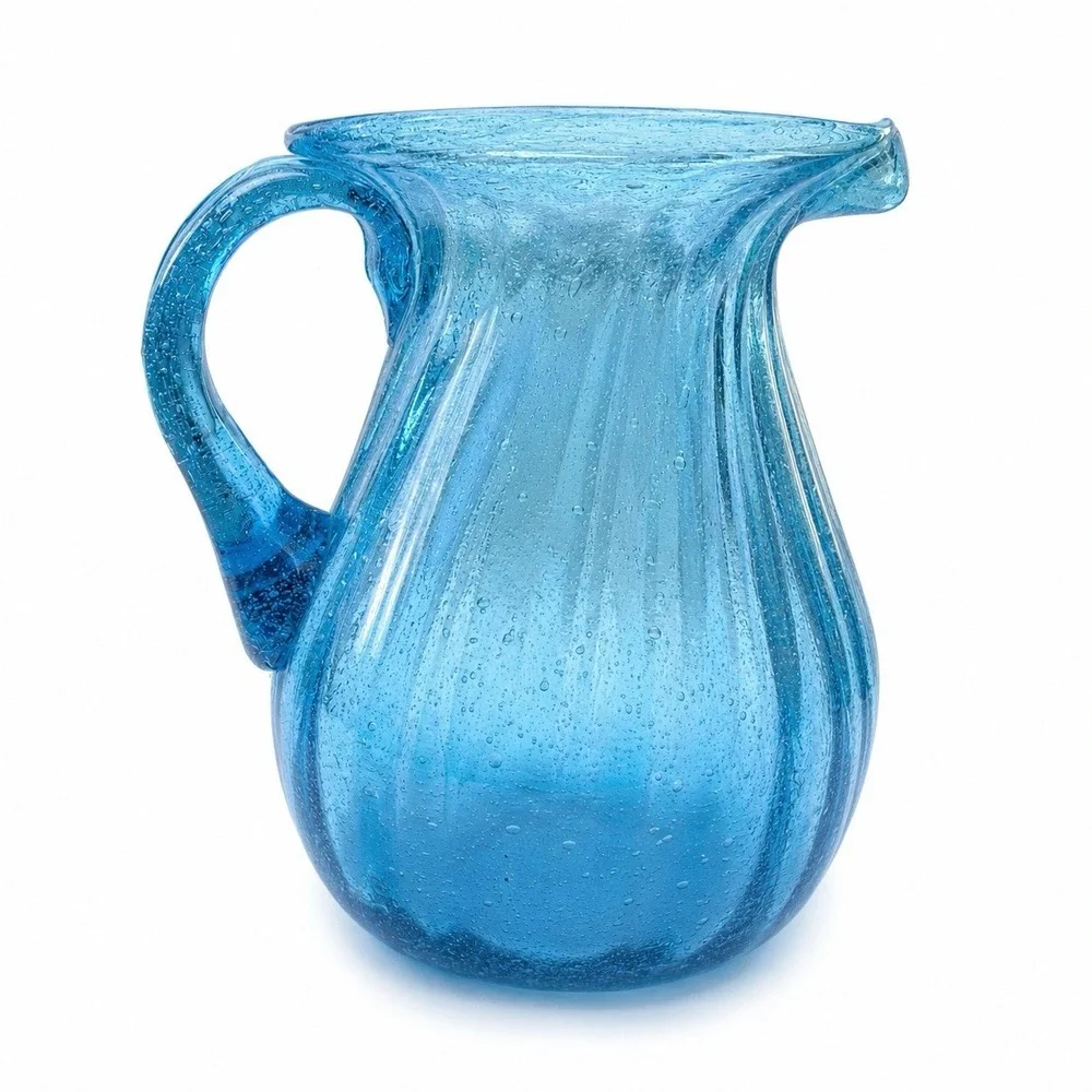 Vintage Aqua Blue Optical Ribbed Bubble Glass Mini Pitcher 4